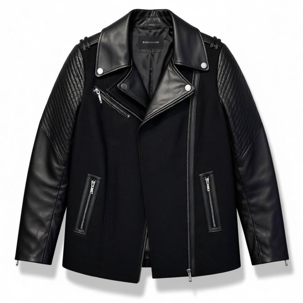 BCBG Max Azria Moto Black Wool and Leather Coat S